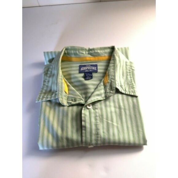 Aeropostale Mens Button Front Shirt Slim Fit Green Long Sleeve Striped Sz Small - Picture 5 of 10